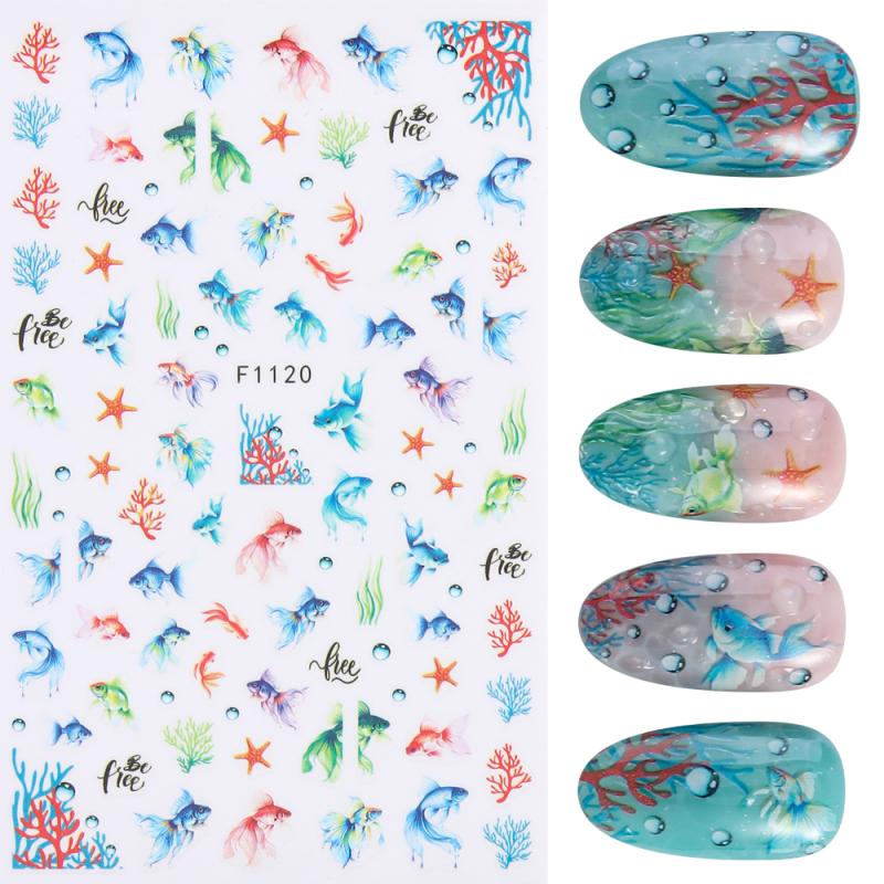 1 Sheet Holographic Jellyfish Dolphin Nail Art Stickers 3D Mermaid Ocean Shell Nail Decals Adhesive Ocean Beach Designs Nails N4