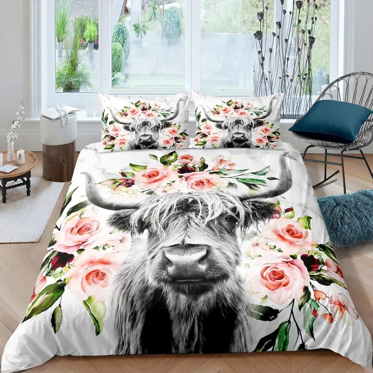 

Highland Cow Duvet Cover Set Farmhouse Wildlife Animal Pattern Comforter Cover Sunflower Western Cow Microfiber Printed Bedding EU Single(135x200cm)