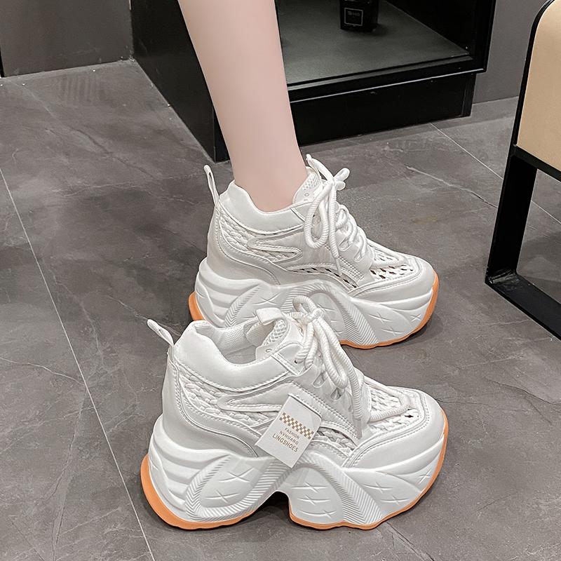 Fashion New 2025 Chunky Leather Sneakers Casual Vulcanized Shoes Woman High Platform Breathable Weave Sneakers 10CM Sport Dad Shoes