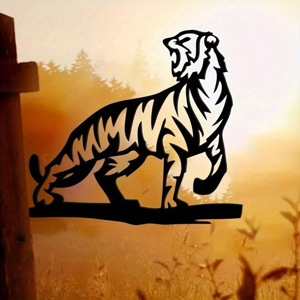 Metal Tiger Silhouette Stake Rustic Outdoor Garden Decor Lawn Ornament