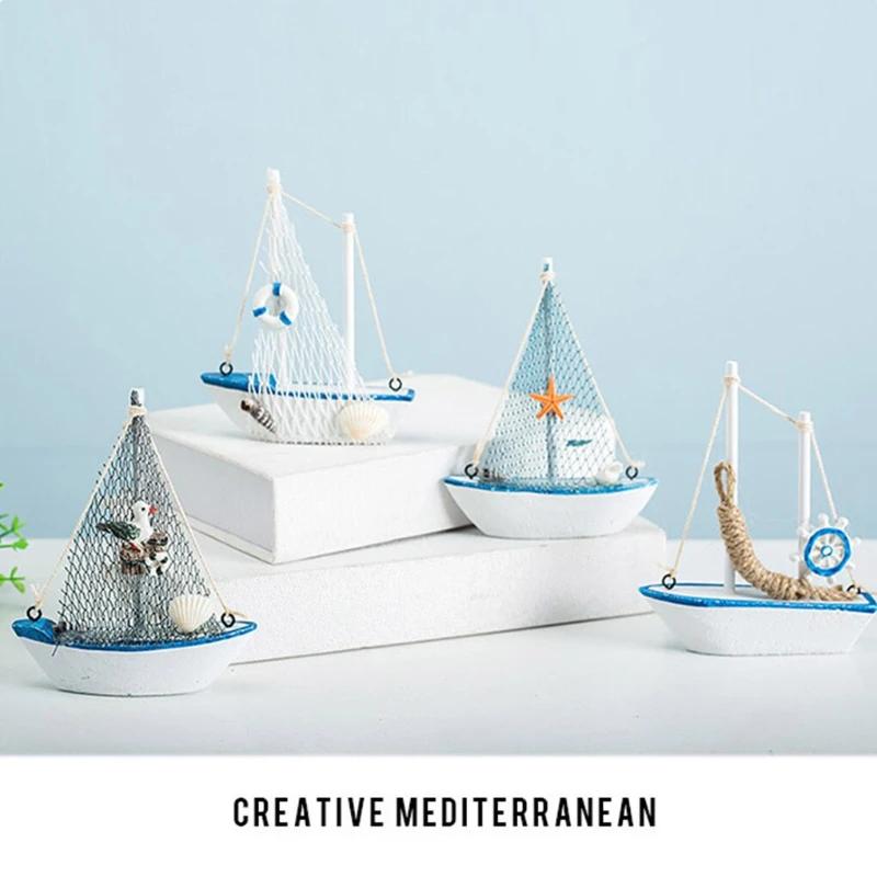 1Pc Mini Mediterranean Style Marine Nautical Wooden Blue Sailing Boat Ship Wood Crafts Ornaments Party Room Home Decoration