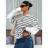 Women Striped Crew Neck Fake Two Piece Loose Long Sleeve Casual Sweatshirt