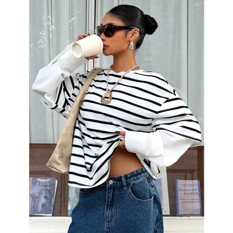 Women Striped Crew Neck Fake Two Piece Loose Long Sleeve Casual Sweatshirt