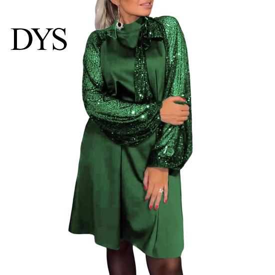 Sequin Embellished Dress Women Round Neck Lace-up Strap Shiny Patchwork Long Sleeves Midi Spring Party Loose Solid Color Knee Length Autumn