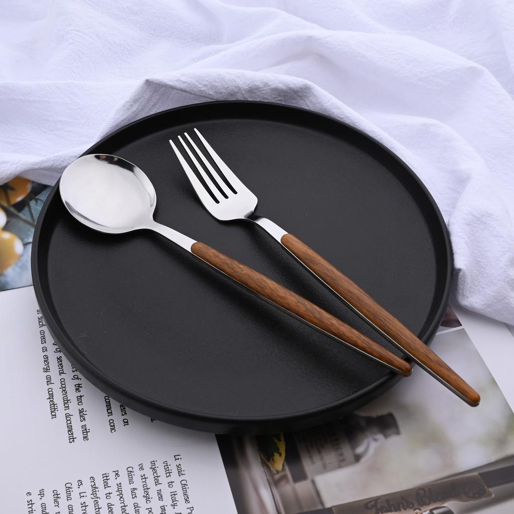 20Pcs Stainless Steel Dinnerware Set for 4 Knife Fork Spoon Set with Wooden Handle Western Flatware Silverware Cutlery Set
