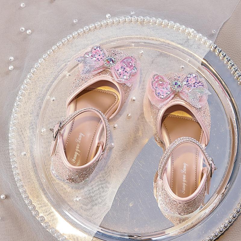 

Summer Girls Princess Sandals Kids Crystal Shoes Cute Low Heel Dress Shoes 26 розовый