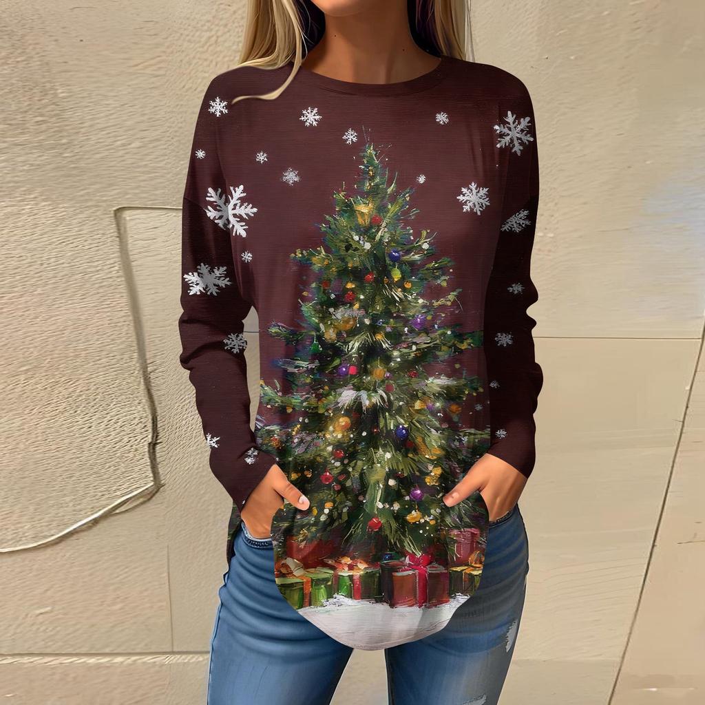 Weihnachts-Stil Damenbekleidung Schneeflocke Weihnachtsbaum Print Pullover Rundhalsausschnitt Langarm T-Shirt Festlich Lässig Lockeres Oberteil