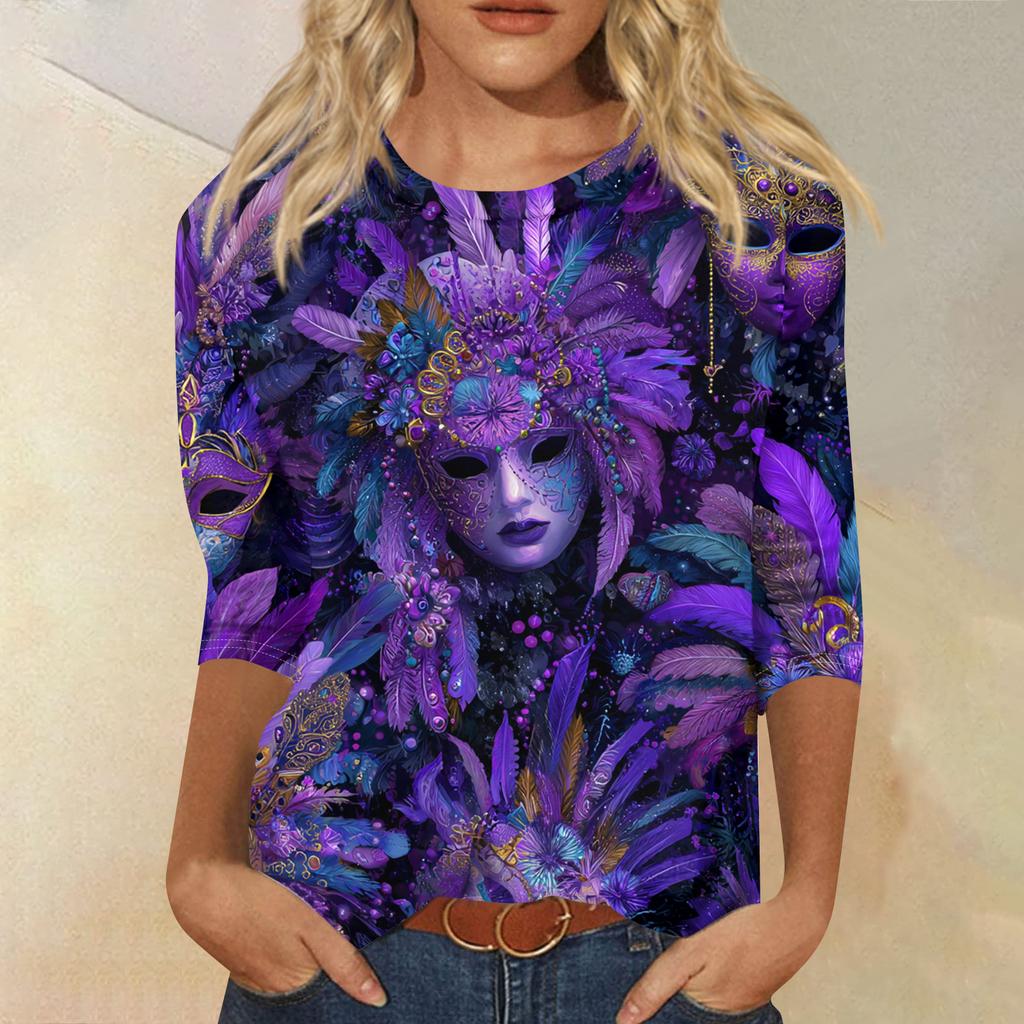 Women's Fashion Casual Round Neck Three-quarter Sleeve Carnival Print T-shirt Top