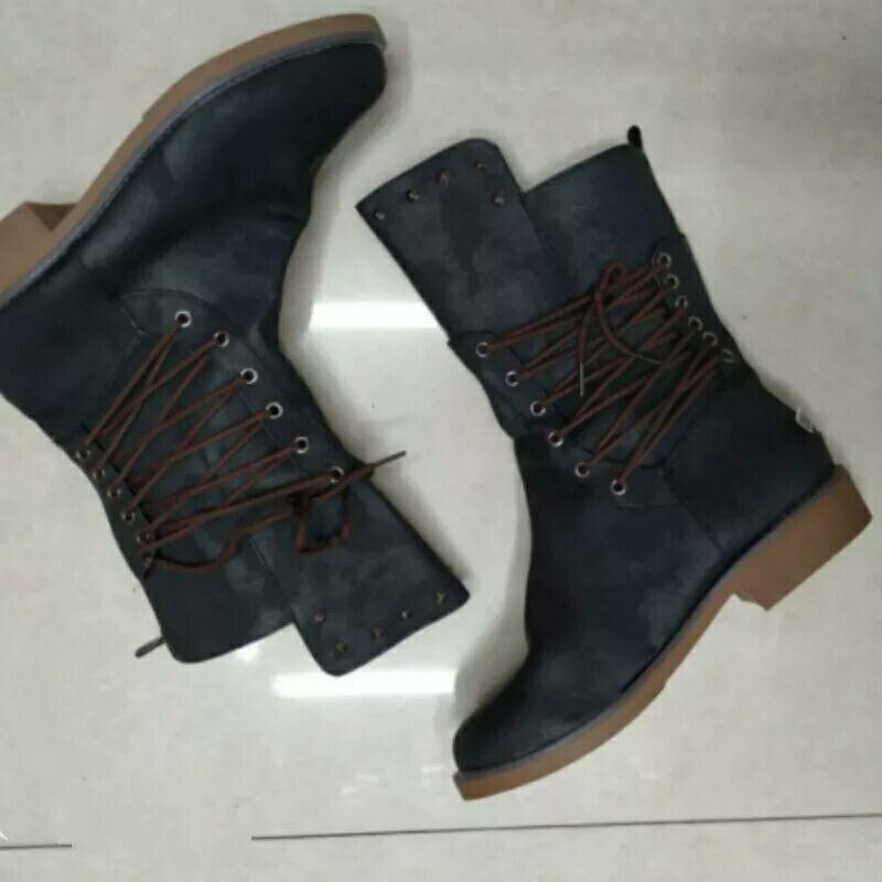 Wish Large Size Square Heel Flat Bottom Martin Boots Women's Autumn and Winter New Straps Rivet Medium Boots