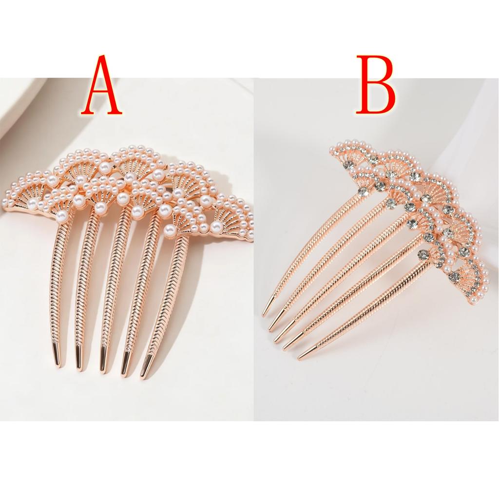 Luxury Pearl Embellished Hair Comb Rose Gold Fan Design Hair Fork for Bun Updo Hairstyle Elegant Hair Accessories for Women Girl