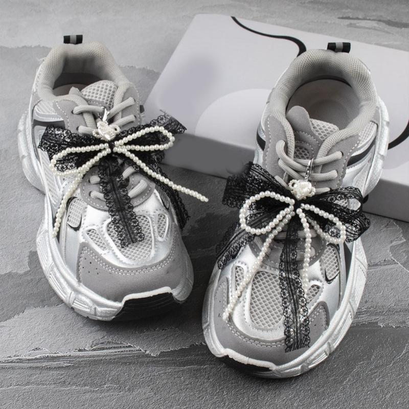 ABS Pearls and Lace Bowknot Detachable Shoe Ornament Women Shoelaces Charm Sophisticated Detachable Footwear Ornament