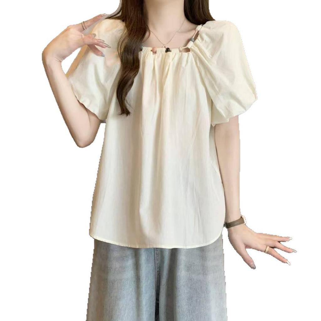 Women's Plus Size Puff Sleeve Square Neck Top - French Pleated, Slimming & Versatile Summer Fashion