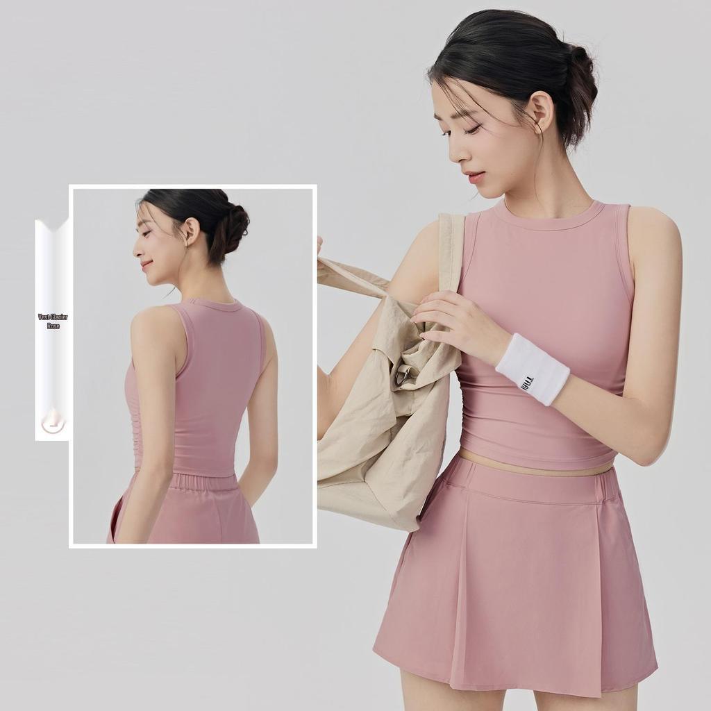 Women's Sportswear Set: Padded Bust Yoga Vest & Loose Casual Anti-exposure Skirt Shorts with Pleated Waistband and Belt