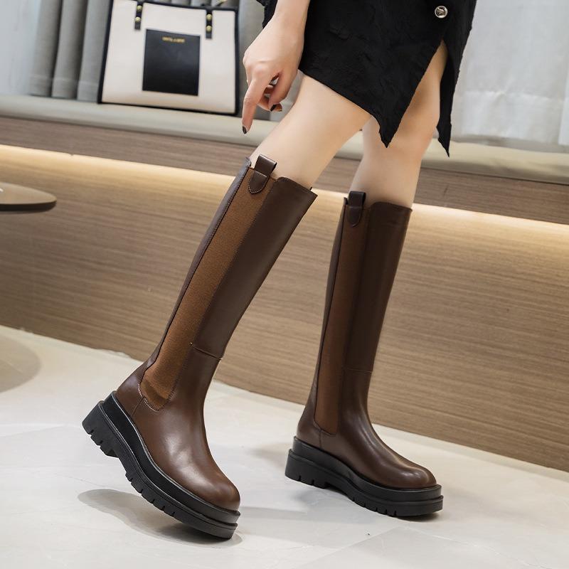 Leather high boots but knee women's autumn and winter new cigarette boots fashionable versatile and thin platform boots children