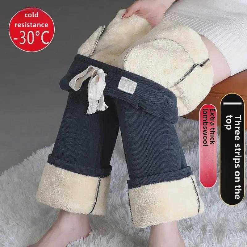 Women's Lambskin Wide-Leg Chenille Corduroy Pants with Velvet Lining - Warm, Thick, Plus Size for Autumn and Winter.