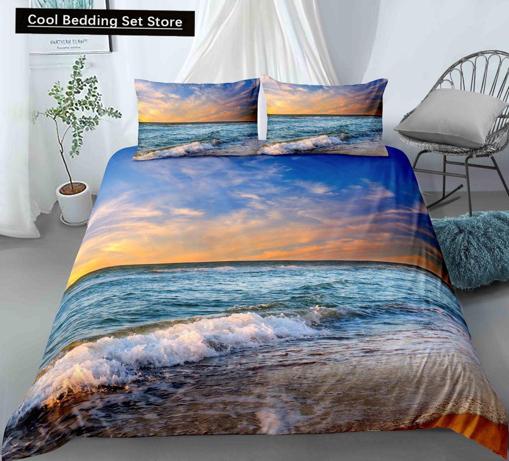 Blue Ocean King Queen Bettbezug Cartoon Seestern Muschel Bettwäscheset für Kind Teenager Erwachsene Meer Strand 2/3tlg. Polyester Bettdeckenbezug