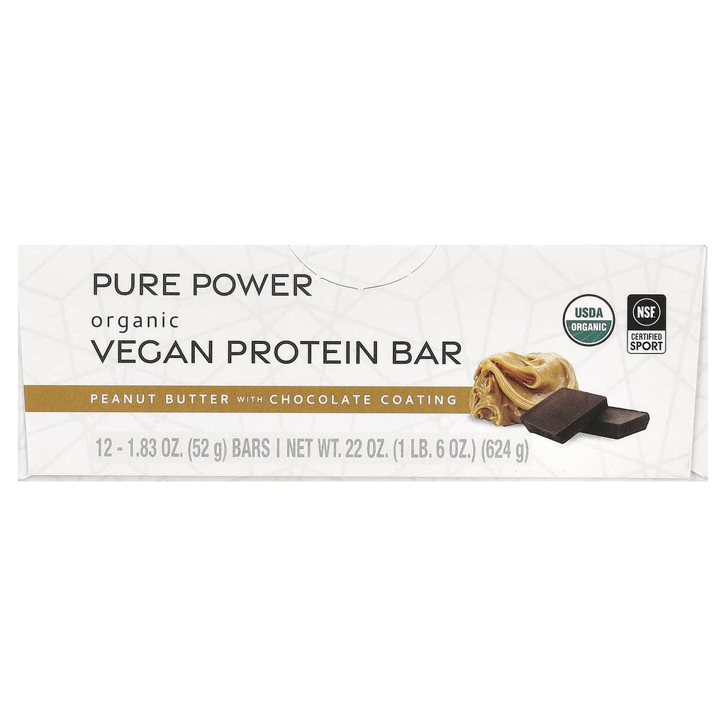 Dr. Mercola, Pure Power, Organic Vegan Protein Bar, Peanut Butter, Chocolate Coated, 12 Bars, 52G (1.83Oz) Each
