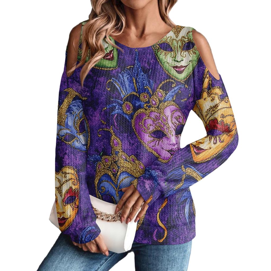 Women's Winter Oversized T-Shirt Fashionable Off-the-Shoulder Round Neck Vintage Floral Print Pullover Long-Sleeved Top