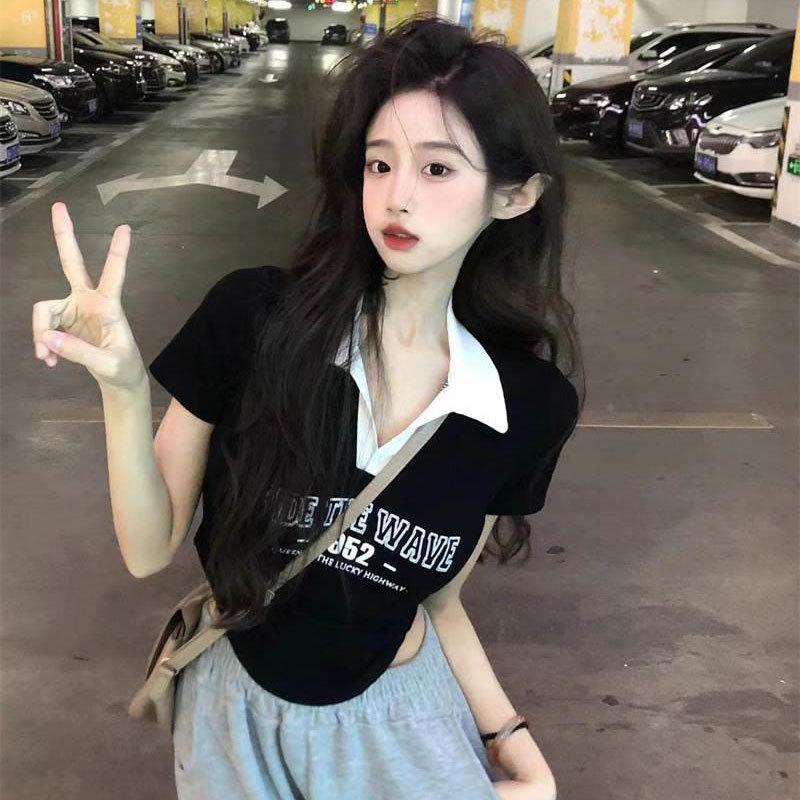 

Women s Summer Color Block Polo Collar Spicy Girl T-Shirt - Irregular Slimming Fit, Short Sleeves M [80-95 jin]