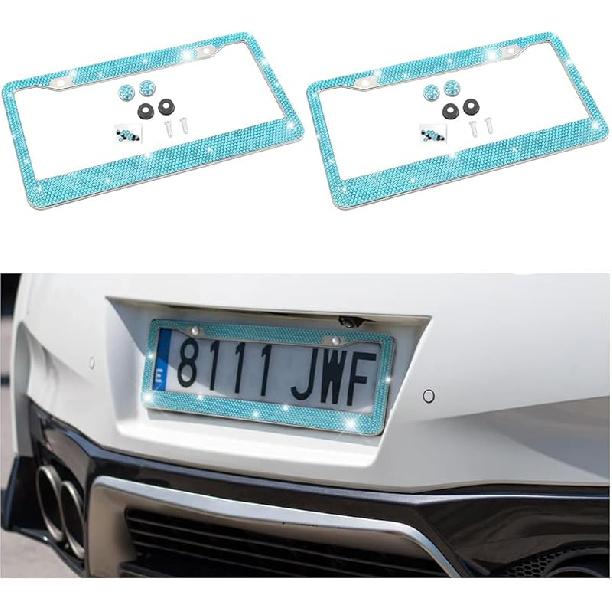Bling Car License Plate Frame, Handcrafted Crystal Stainless Steel License Plate Frame, Sparkly, Durable, Universal Fit, Car Accessories For Girls,