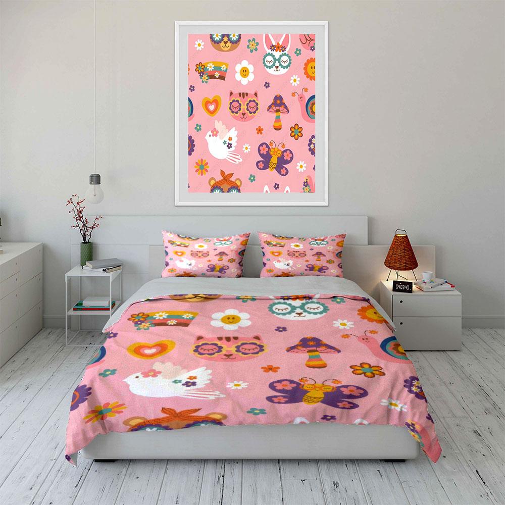 3Pcs Retro Hippie Pattern Bedding Set, Groovy Animals Print Duvet Cover + 2 Pillowcases, 70s Aesthetic Decor