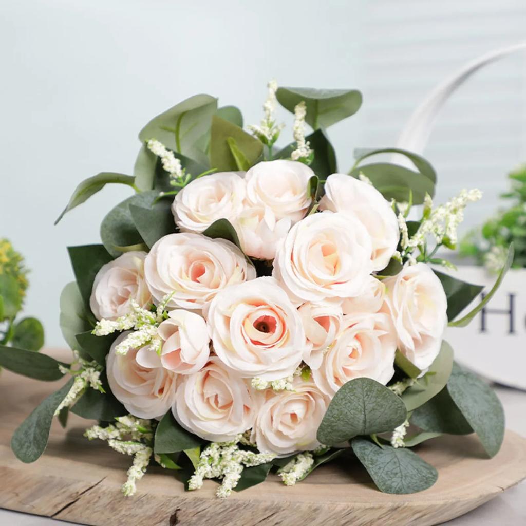 Handmade Silk Roses Bridal Bridesmaid Wedding Bouquet Pastoral Style Eucalyptus Leaves Artificial Natural Holding Flowers Party