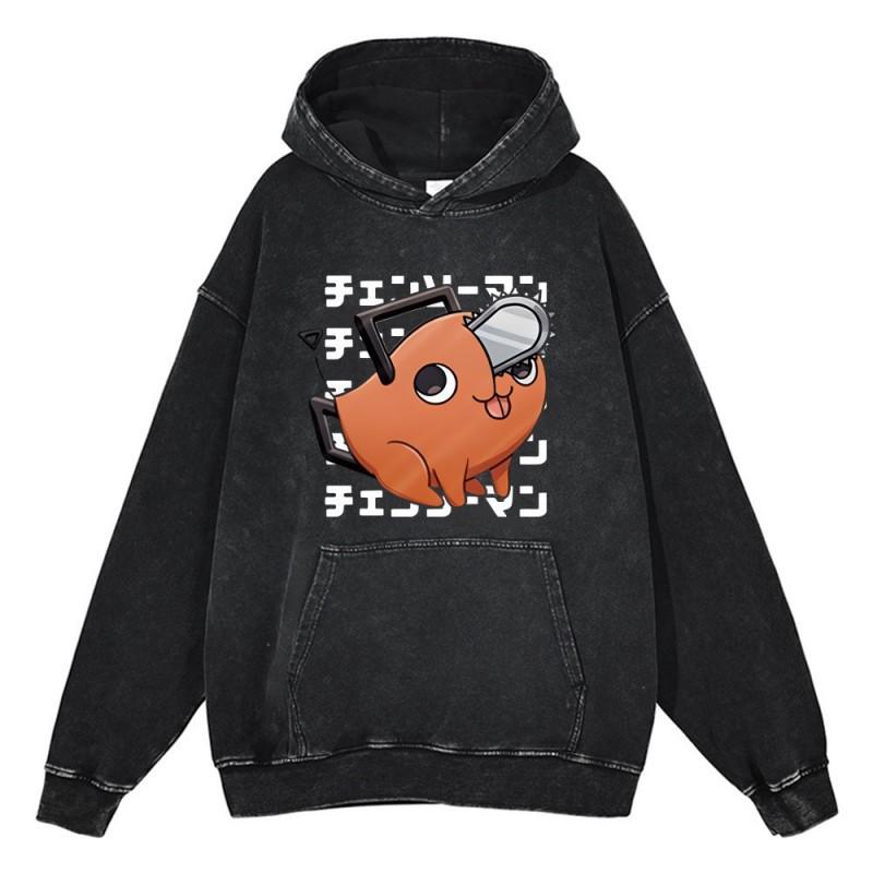 Heavyweight 440g Washed Vintage Denim-Style Anime Hoodie Men Streetwear Casual Sweatshirt