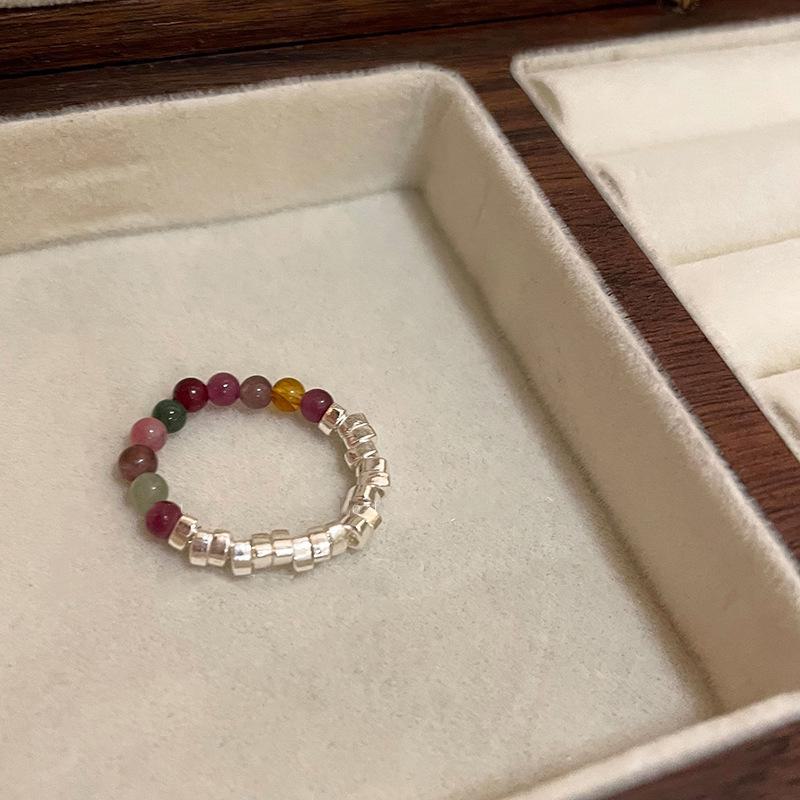 Vintage Tourmaline Pearl Ring for Women, Non-Fading, Unique Design, Index Finger Ring with Colorful Beads and Broken Silver.