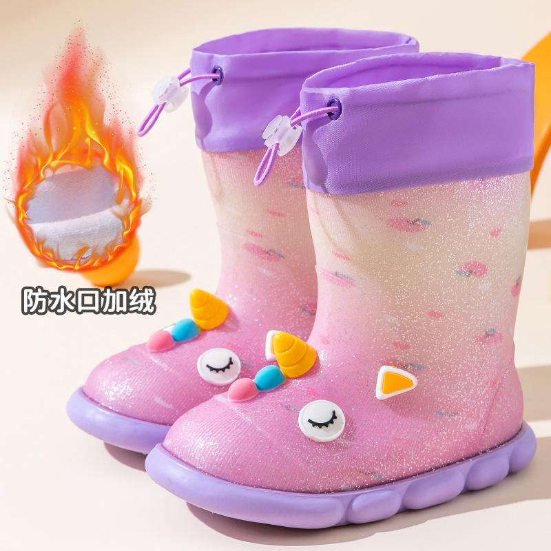 Cartoon Mid-Calf Unicorn Waterproof Boots for Children, Padded Warm Rain Boots for Girls, Student Outdoor Non-Slip Water Shoes