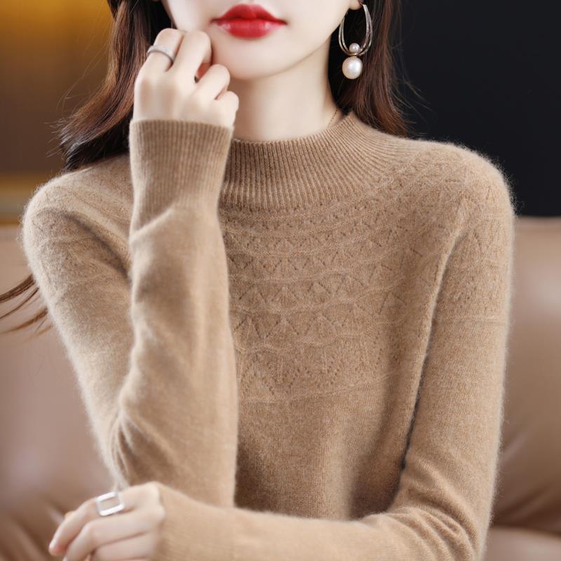 Women's Slimming 100% Wool Half-High Neck Sweater, Seamless Cashmere Knit Base Layer, Autumn Winter Loose Top with Hollow-Out Design