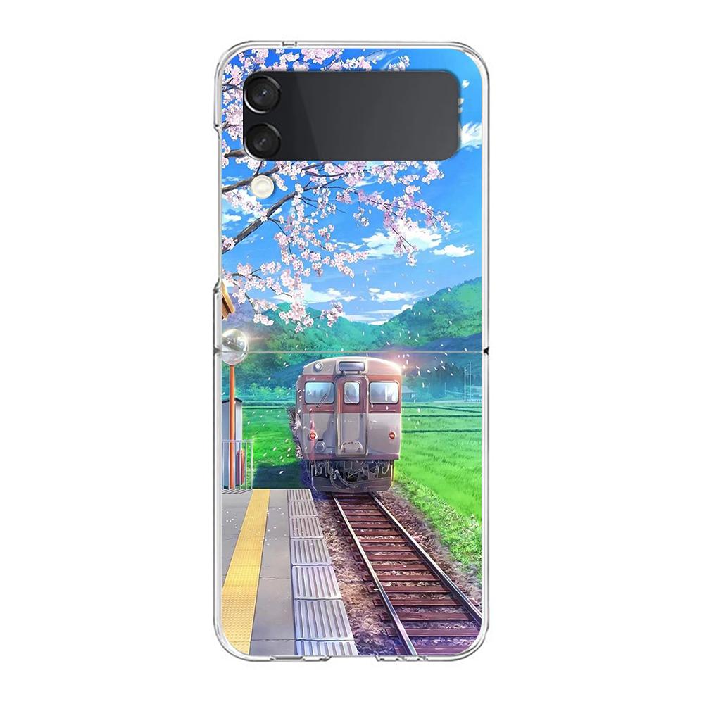 Cherry Blossoms Japanese Traint Moun For Samsung Galaxy Z Flip 3 4 5 Hard Folding Clear PC Phone Case For Samsung Z Flip3 Cover