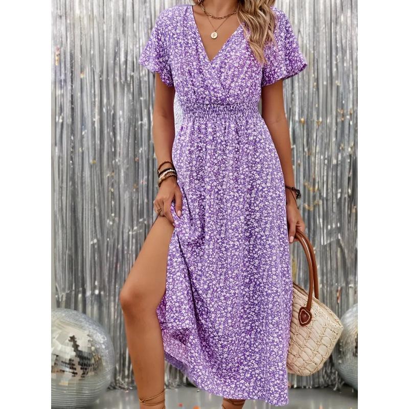European and American summer new women's sexy skirt V-neck elastic waist short-sleeved dress women