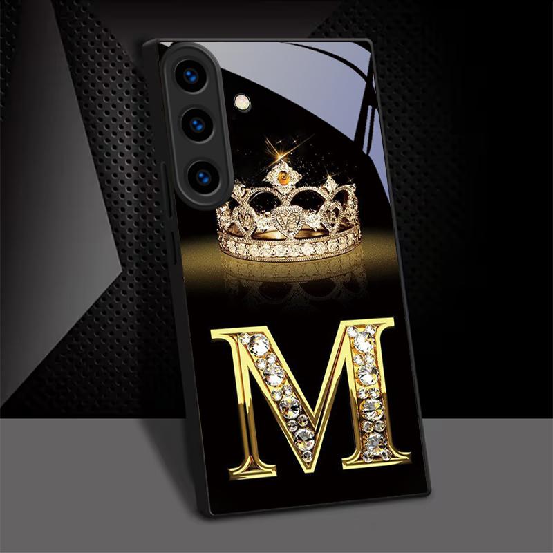 Diamond Crown Pattern Black Glass Phone Case For For Samsung Galaxy S26 S25 S26Ultra S25 Edge S24 FE S23 S22 S21 S20 Plus Cover