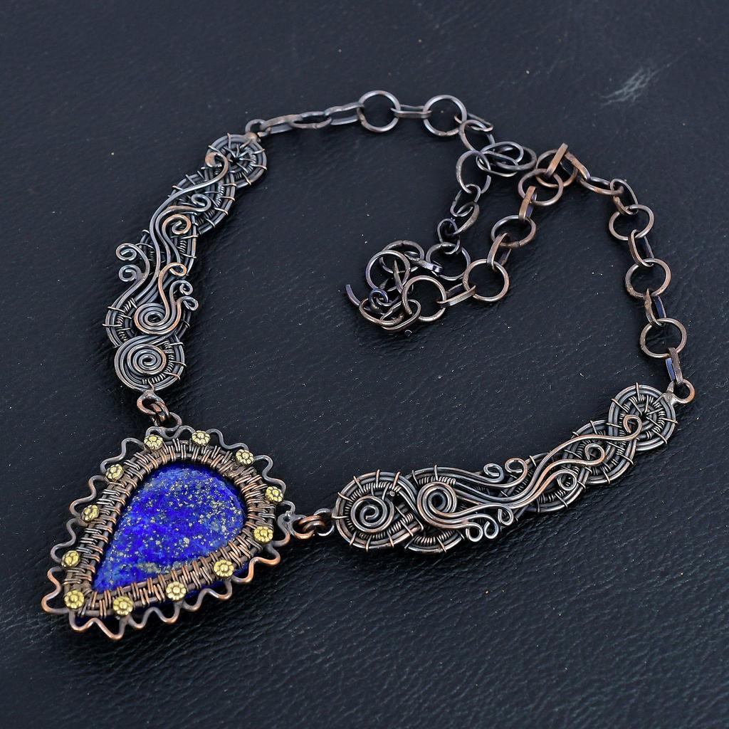 Lapis Lazuli Necklace Handmade Jewelry,  999 Copper Wire Wrapped Necklace Designer Gemstone Jewelry Adjustable Chain Necklace Gift For Mom