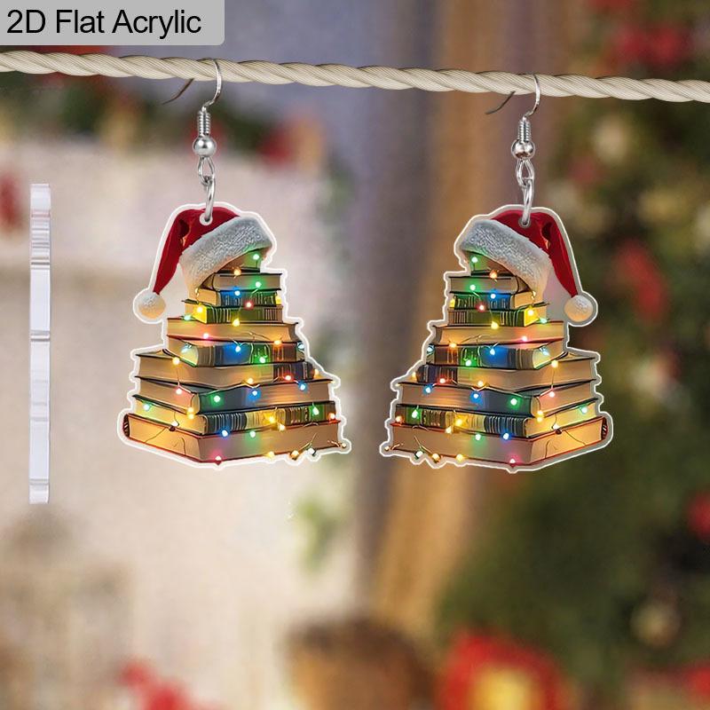 Cercei Pandantiv Carte Pălărie de Crăciun Plat 2D, Material Acrilic Ușor, Potriviți pentru Femei, Ideali pentru Cadouri de Petrecere, Bijuterii și Cadouri de Crăciun.