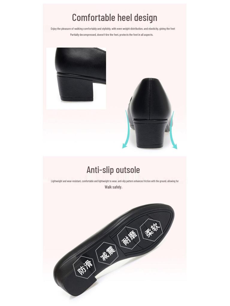 2025 Spring/Autumn Comfortable Soft Leather Chunky Heel Shoes for Women - Versatile for Middle-Aged and Elderly