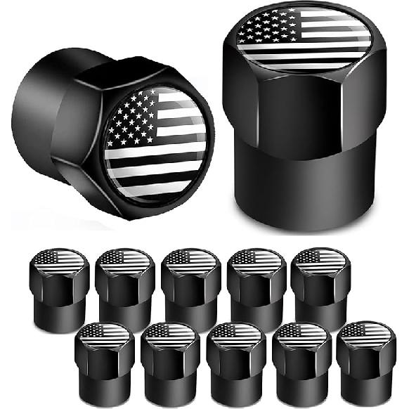 Dsycar 12 Pack Chrome American Flag Valve Stem Cap Aluminum Hexagon Design, with Rubber Ring, Universal fits Cars, Trucks, Motorcycles, Bicycles