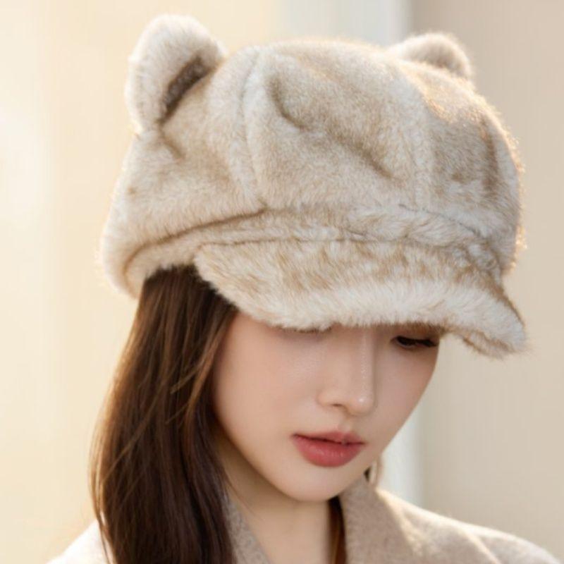 New Style Rabbit Fur Octagonal Hat Women's Fashionable Plush Hat Cat Ear Thermal Cap Wide-Circumference Head Wrap