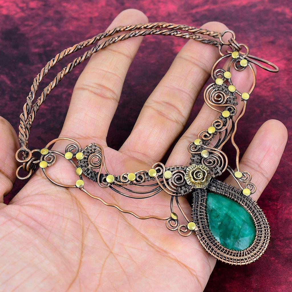 Faceted Zambian Emerald Gemstone Necklace Copper Wire Wrapped Adjustable Necklace