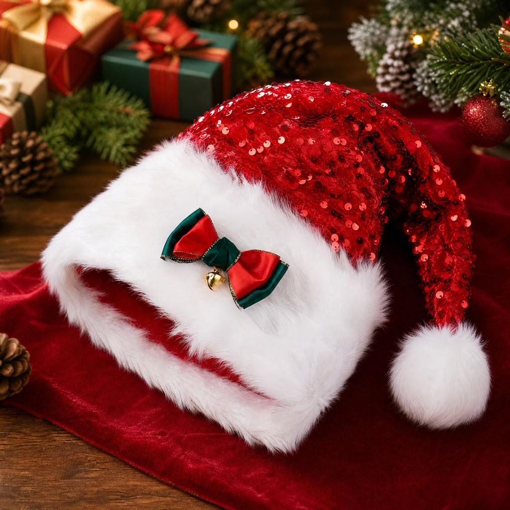 Pailletten-Doppellagen-Plüsch-Weihnachtsmannmütze für Feiertagsparty-Dekorationen