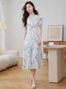 Vintage French Floral Puff Sleeve V-Neck A-Line Dress - Slim Fit Waist-Cinching Summer Long Skirt