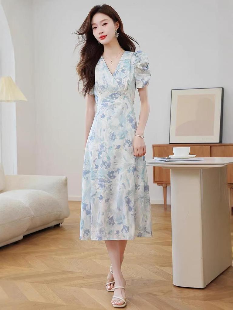 Vintage French Floral Puff Sleeve V-Neck A-Line Dress - Slim Fit Waist-Cinching Summer Long Skirt