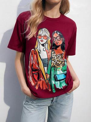 2026 Spring Summer Womens Figure Graphic Round Neck Cartoon Printed Summer TShirt Holiday Beach Vacation Summer Graduation