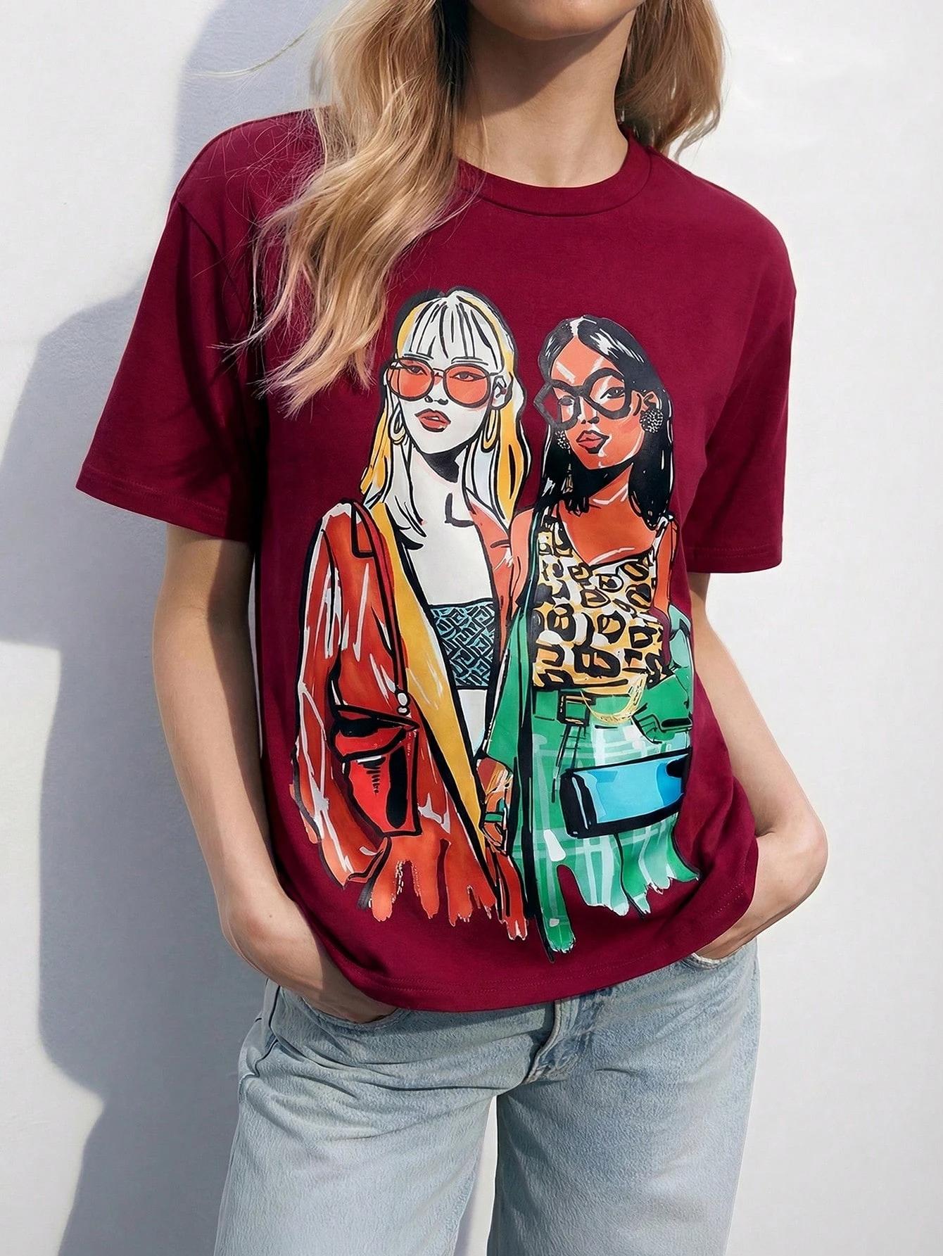 

2026 Spring Summer Womens Figure Graphic Round Neck Cartoon Printed Summer TShirt Holiday Beach Vacation Summer Graduation S