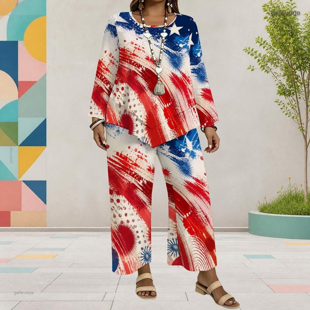 Women Plus Size Dark Navy Printed Two Piece Set Round Neck Long Sleeve Top Wide Leg Cropped Pants