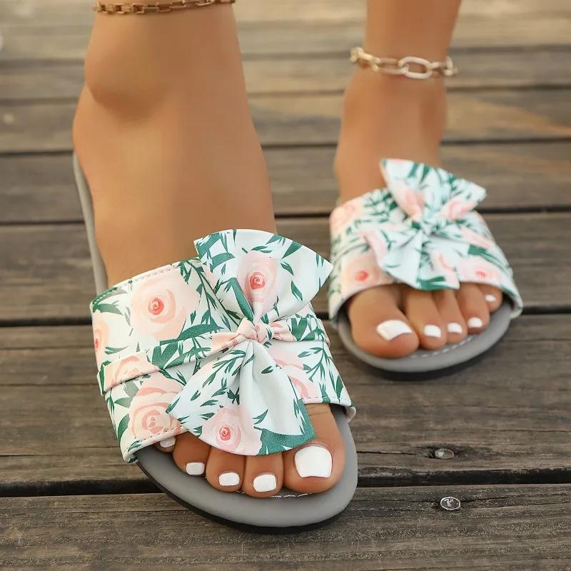2025 Summer Open Toe Women's Slippers Printing New Outdoor Daily Plus Size Butterfly-knot Soft Bottom Flat Slippers