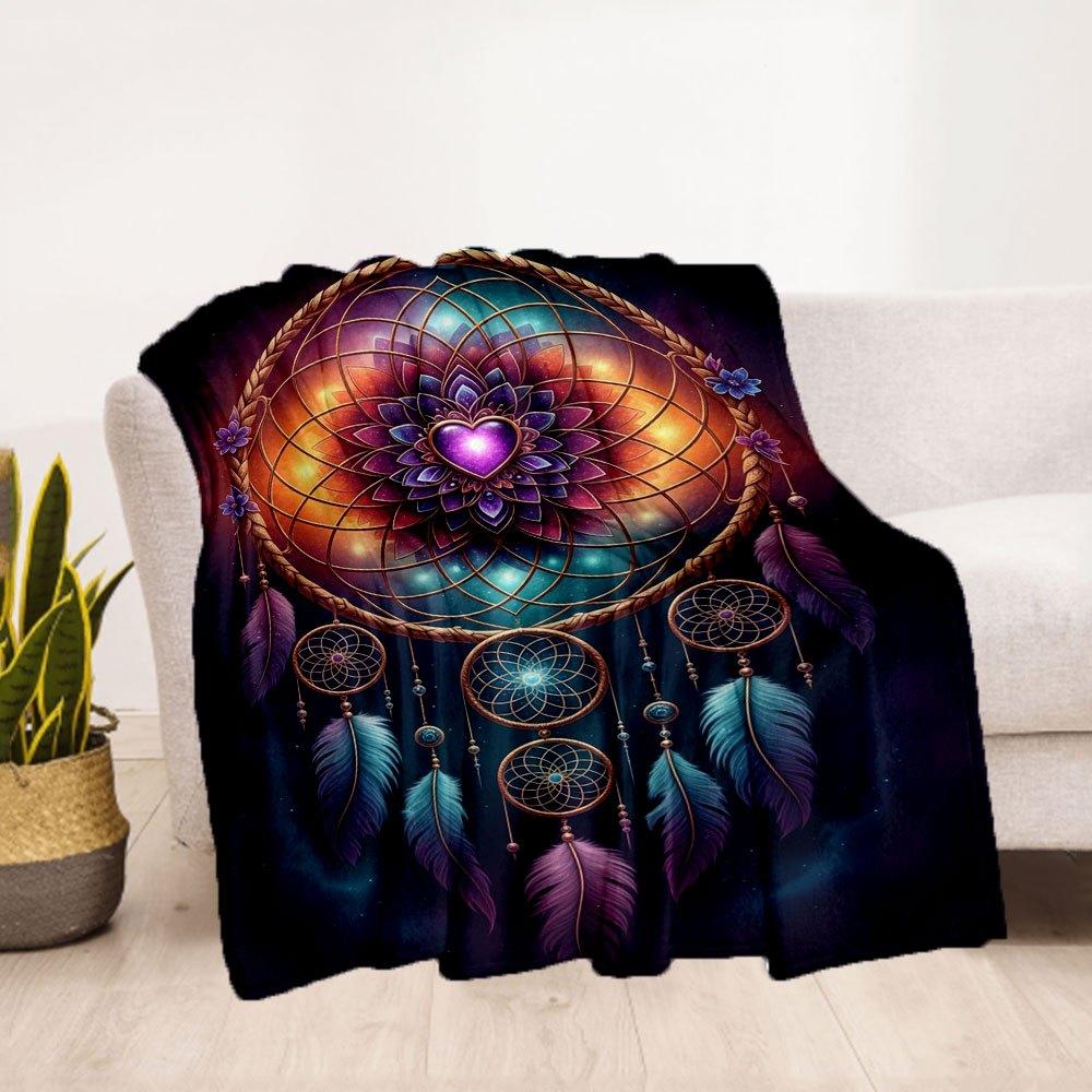 "Bohemian Dreamcatcher Wall Art: Vibrant Feather Mandala Decor"Blanket Flannel Throw Blanket for Sofa, Bed, Travel, Camping, Office, Couch,