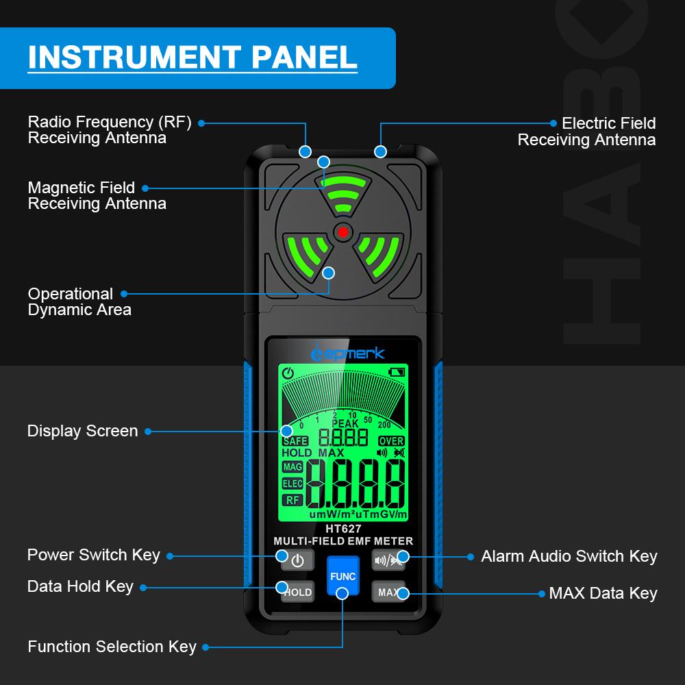 HT627 Multifunctional Electric Field Magnetic Field Radiation Detector Handheld Electromagnetic Radiation Tester EMF