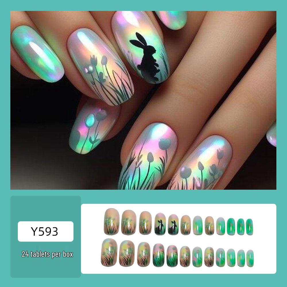 Sweet Rabbit Flower Grass Medium Oval Fake Nails - Cute Wearable Nail Art Stickers