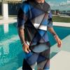 Men's Fashion Geometric Pattern Short-sleeve and Shorts Set Casual Loose Two-piece Outfit